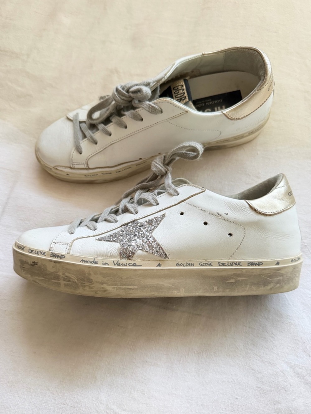 Golden Goose White Leather Sneakers with Silver Glitter Star